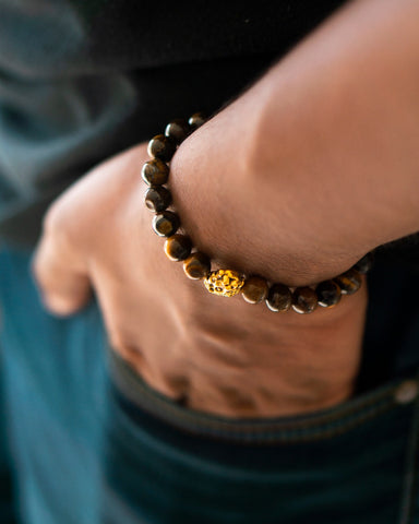 Premium Brown Beaded Bracelet - Brown Tiger Eye with Gold Lion Head