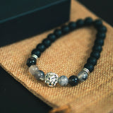 Premium Black Beaded Bracelet - Black and Grey Tiger Eye with Silver Lion Head Bead Bracelet