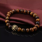 Premium Brown Beaded Bracelet - Brown Tiger Eye with Gold Lion Head