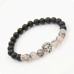 Premium Black Beaded Bracelet - Black and Grey Tiger Eye with Silver Lion Head Bead Bracelet