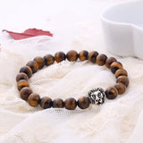 Premium Brown Beaded Bracelet - Brown Tiger Eye with Silver Lion Head